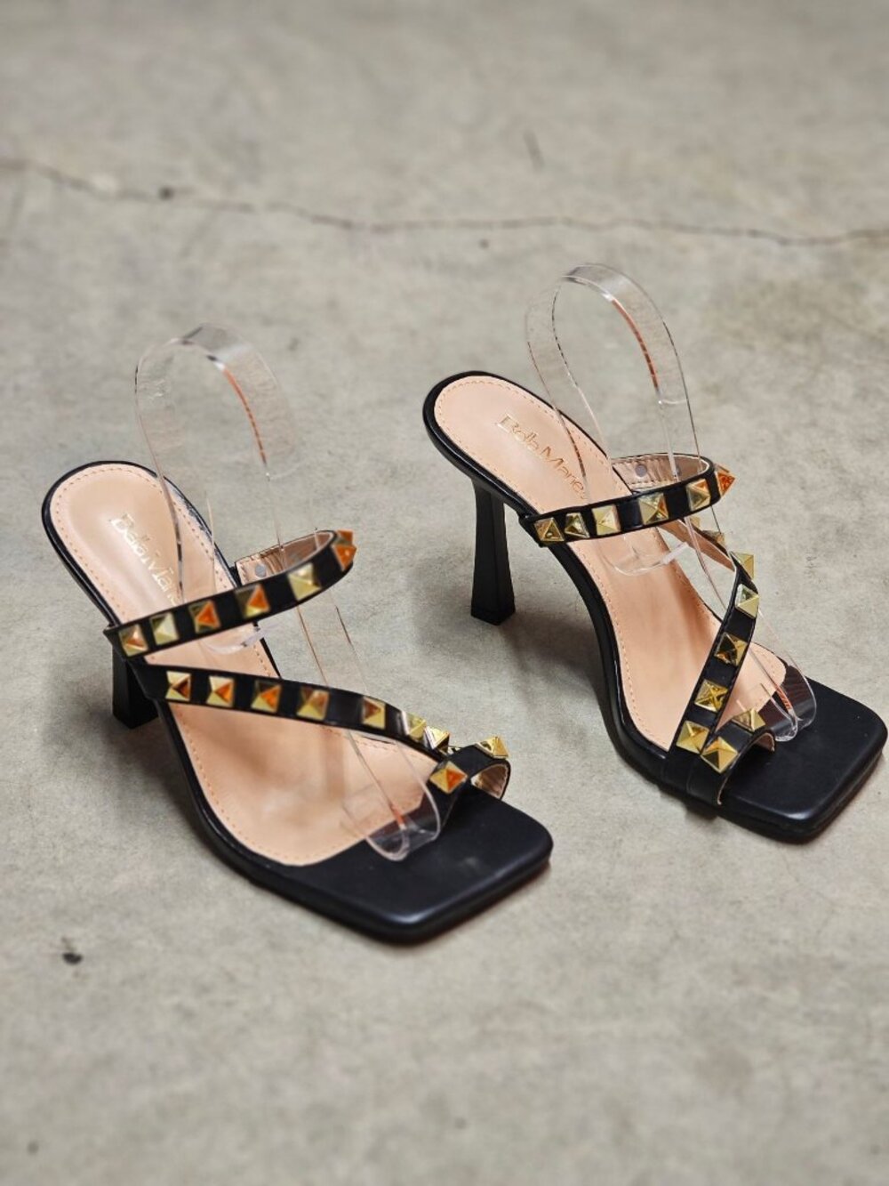 Black Studded High Heel Sandals With Straps And Square Toe Design For Women